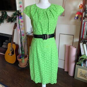 Chetta B Green Circle Eyelet Shift Dress Cap Sleeve With Black Belt Size 6